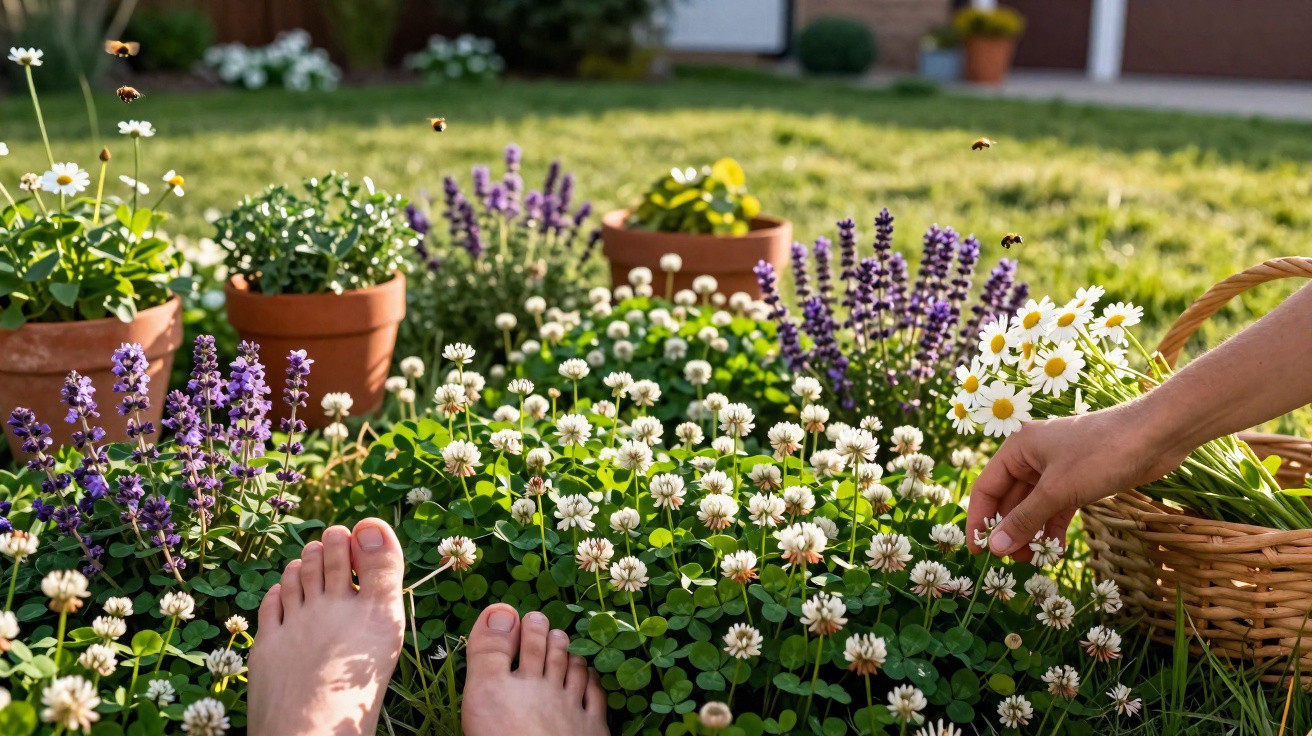 Garten mit blühenden Blumen, Blumen in Töpfen, Bienen und barfüßige Person auf Wiese neben Korb.