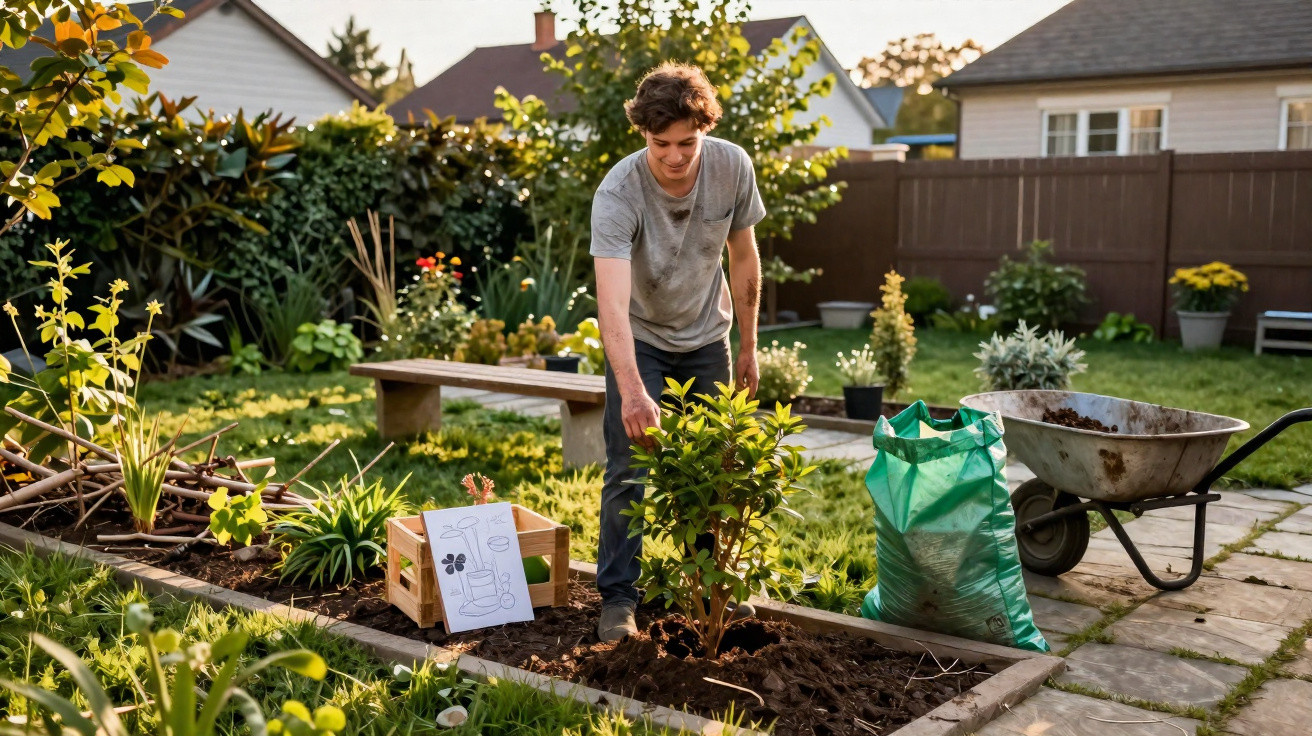 Junger Mann pflanzt Büsche im Garten, umgeben von Pflanzen, Schubkarre und Pflanzanleitung bei Sonnenuntergang.