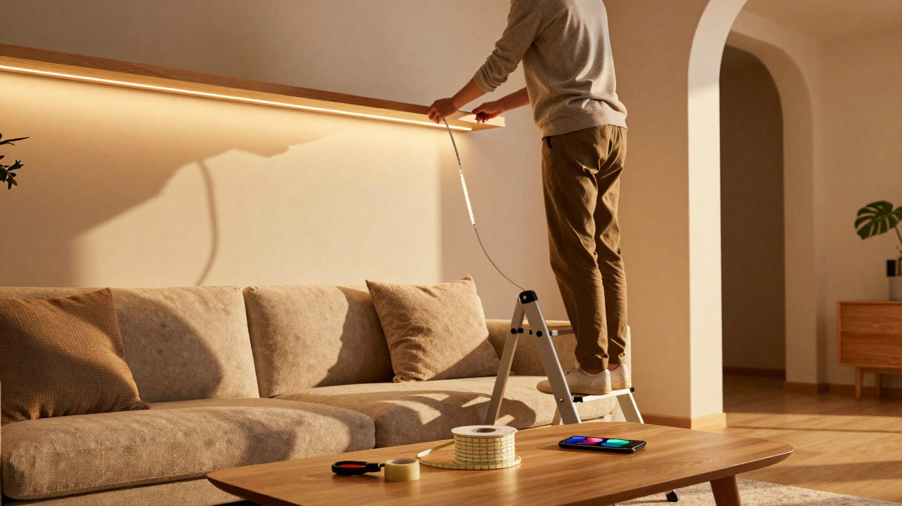 Person steht auf einer Leiter und bringt LED-Lichtleiste über einem beigen Sofa in modernem Wohnzimmer an.