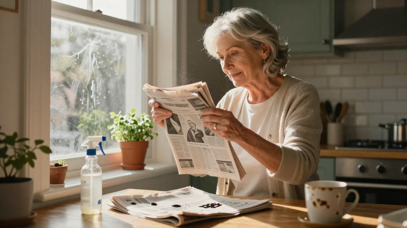 Ältere Frau liest Zeitung an einem Tisch mit Kaffeetasse und Pflanzen vor sonnigem Fenster in der Küche.