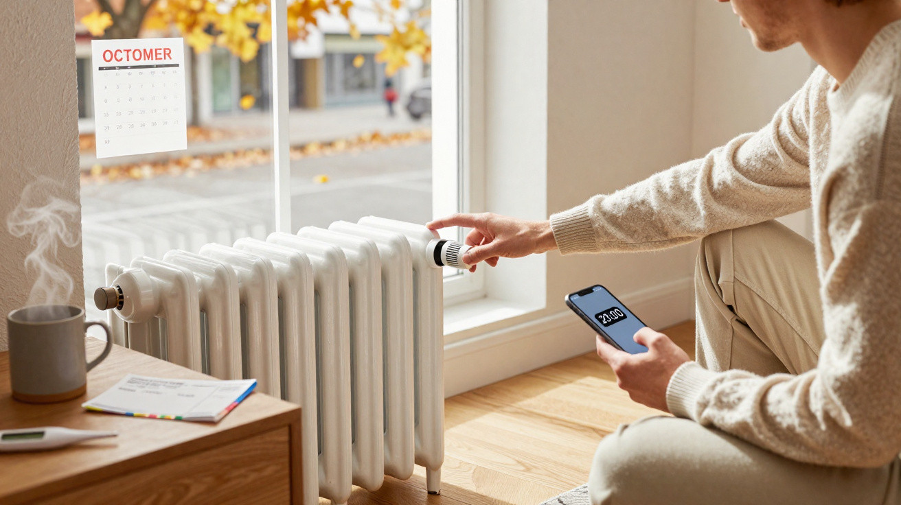Person stellt Heizungsthermostat ein, sitzt am Fenster mit Smartphone, dampfende Tasse und Kalender im Hintergrund.