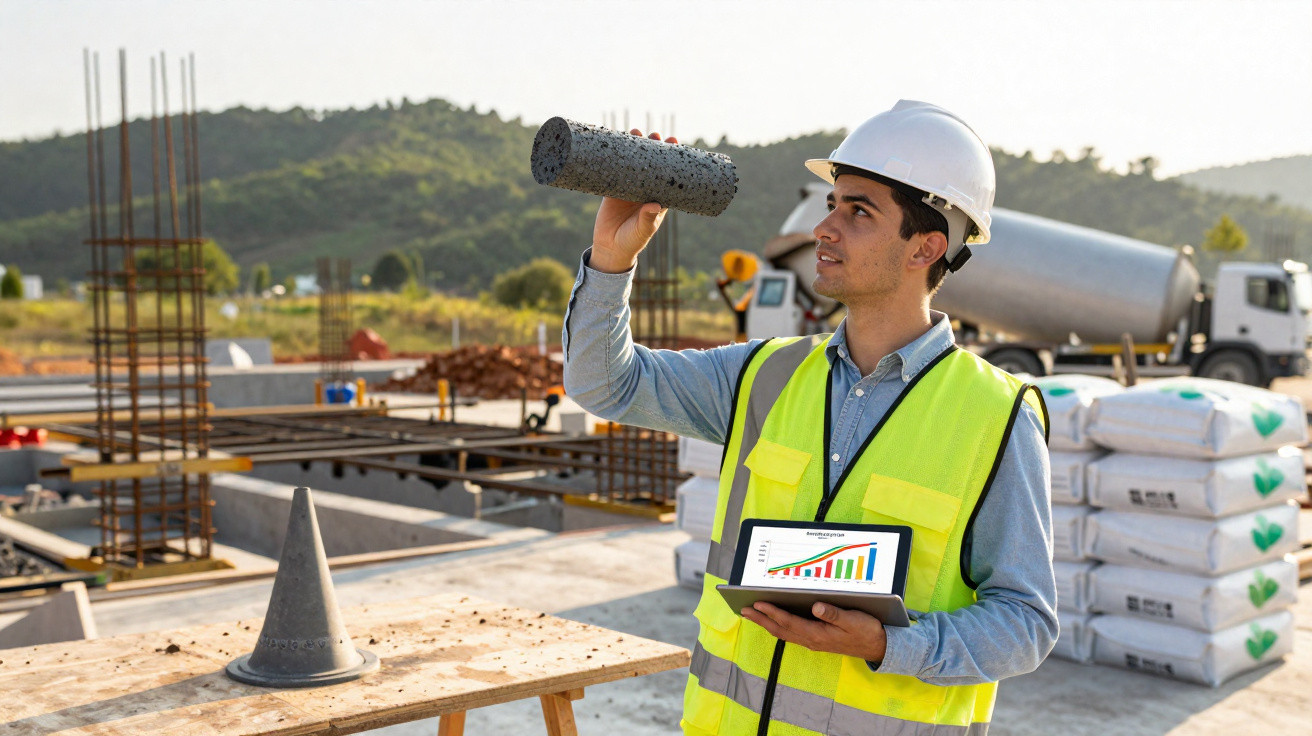 Bauingenieur mit Schutzhelm und Warnweste überprüft Betonzylinder auf Baustelle, hält Tablet mit Diagrammen.