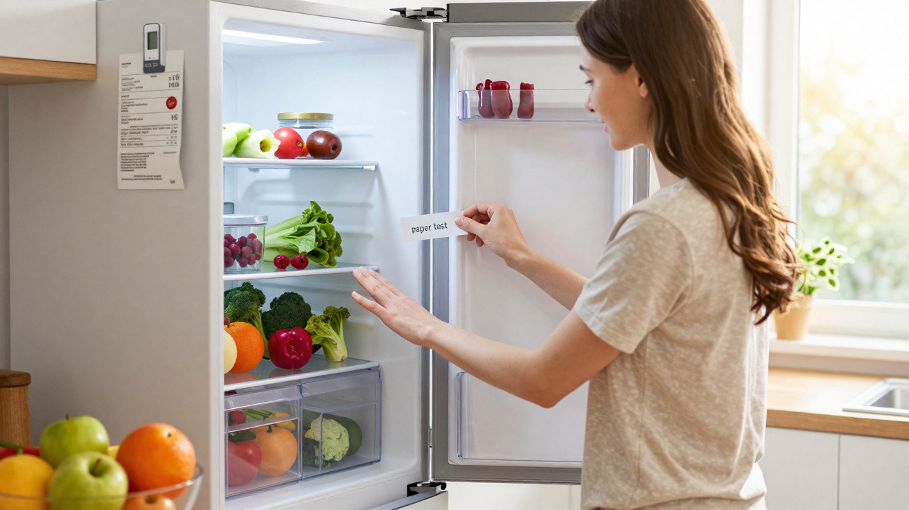 Frau öffnet Kühlschrank mit frischem Gemüse und Obst in einer modernen Küche bei Tageslicht.