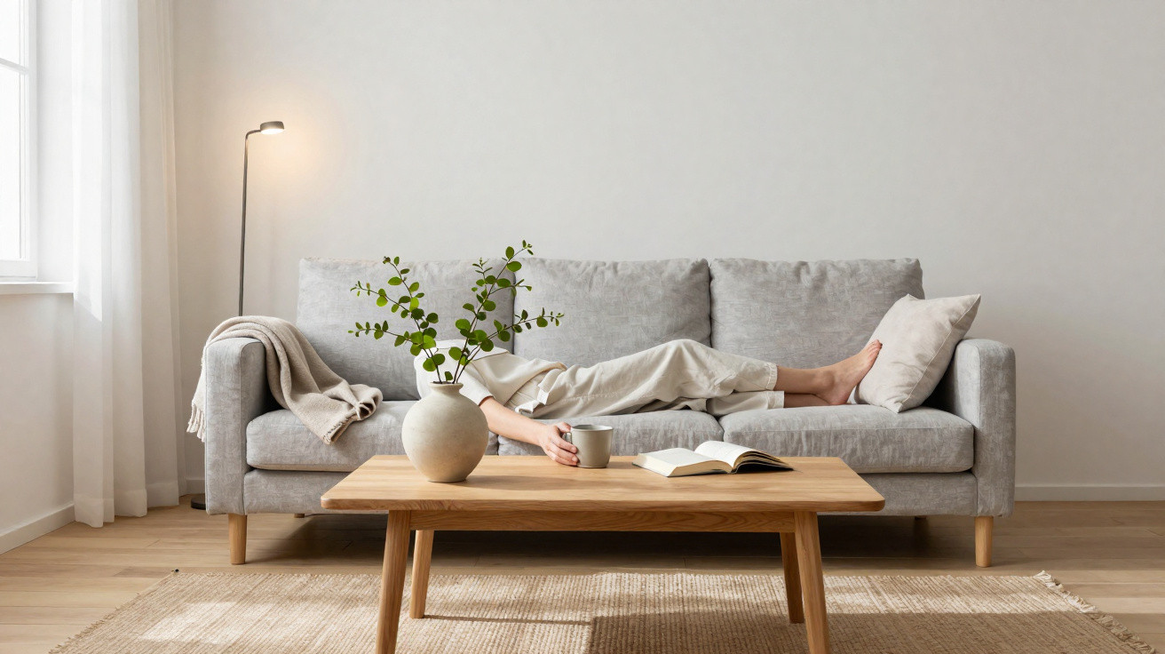 Person liegt entspannt auf grauem Sofa, neben Couchtisch mit Vase, Buch und Tasse in minimalistischem Wohnzimmer.