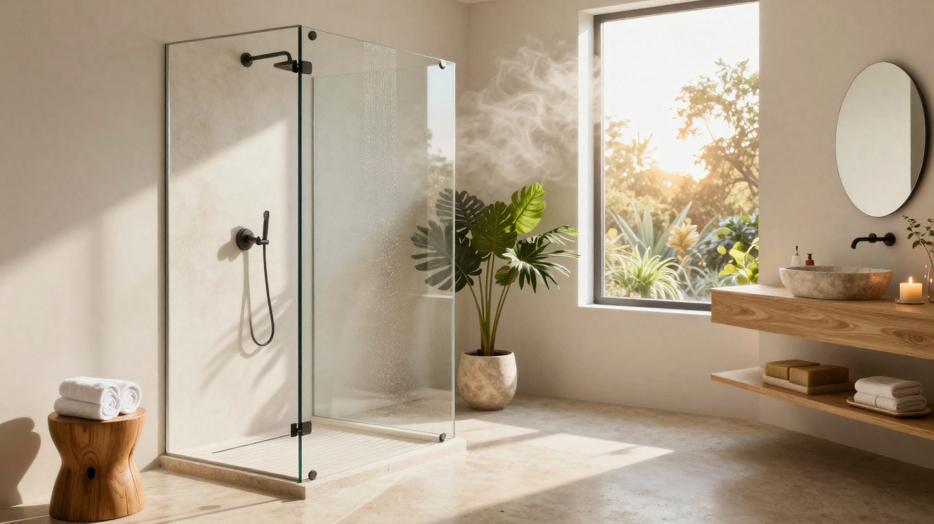 Modernes Badezimmer mit begehbarer Glasdusche, hölzernem Waschtisch und großer Fensterfront bei Sonnenlicht