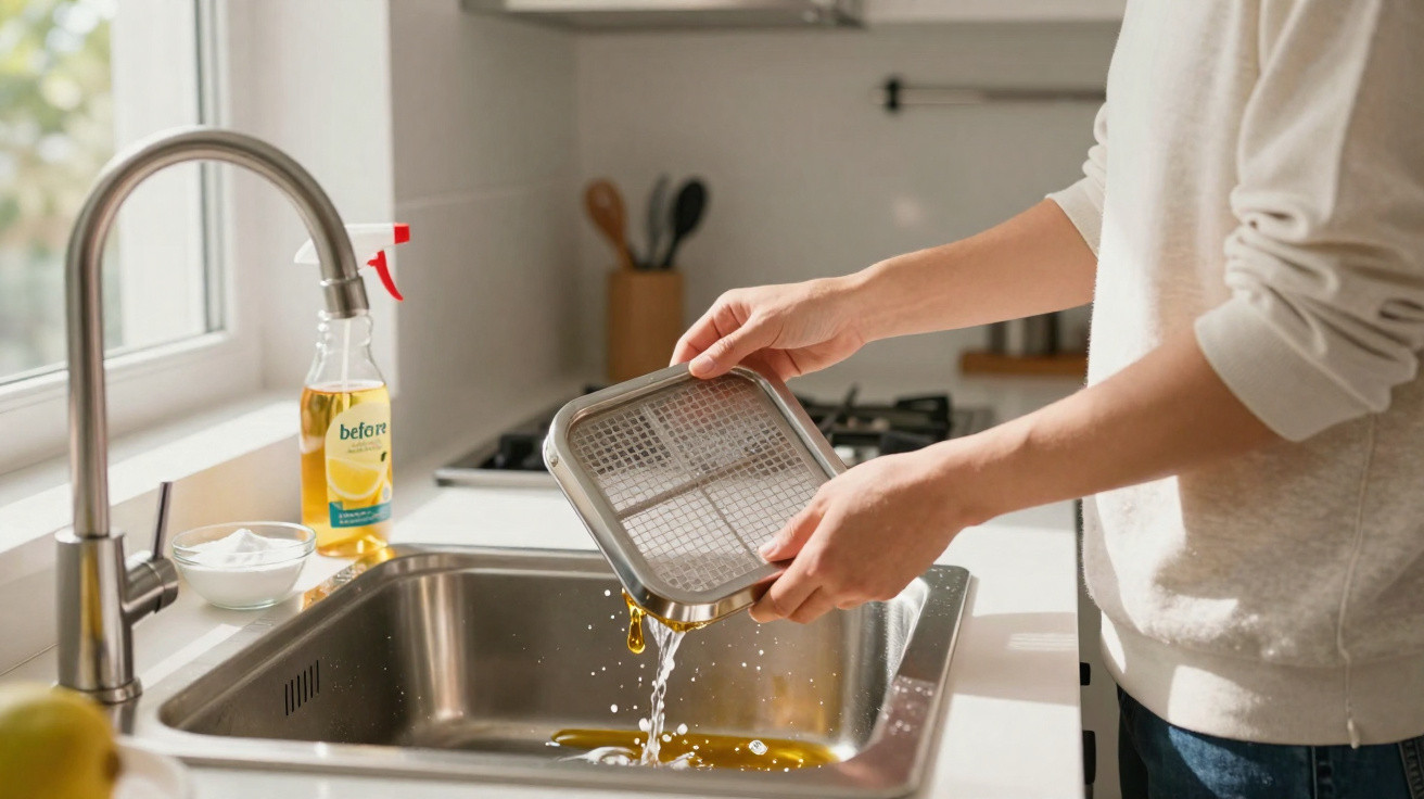 Person spült einen fettigen Küchenfilter über der Spüle in moderner Küche ab.