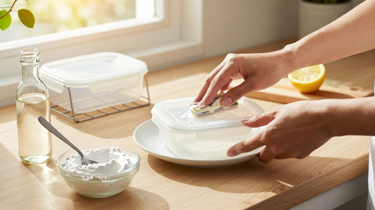 Hände, die einen Plastikbehälter mit Butter bestreichen, neben einer Schüssel mit weißer Creme und einer Glasflasche.