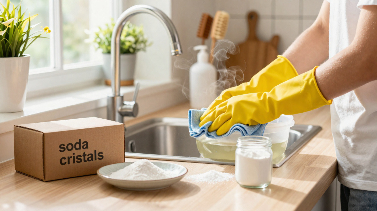 Person mit gelben Handschuhen reinigt dampfend feuchtes Geschirr über der Spüle, umgeben von Reinigungsmitteln.