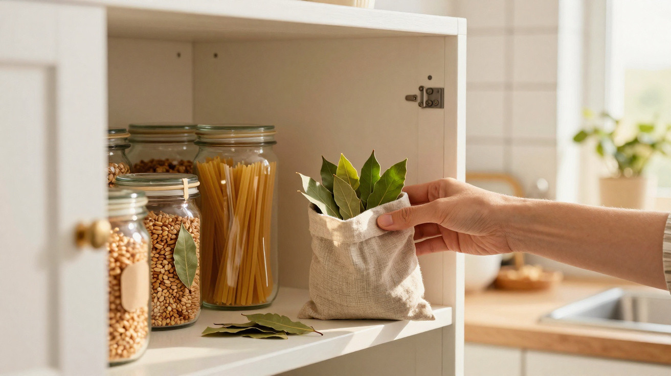 Hand legt Beutel mit Lorbeerblättern in Küchenschrank neben Gläser mit trockenen Lebensmitteln.