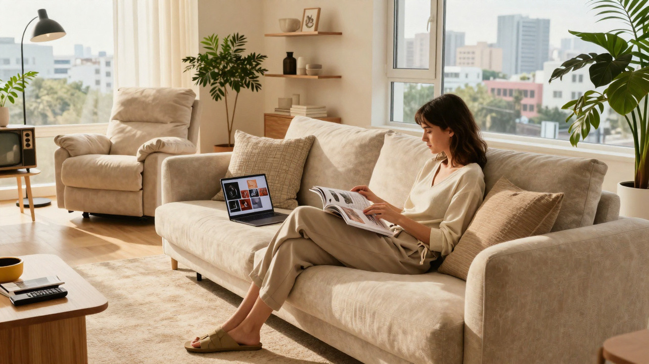 Frau liest Magazin auf beigem Sofa in hellem Wohnzimmer mit Laptop und Stadtblick am Fenster.