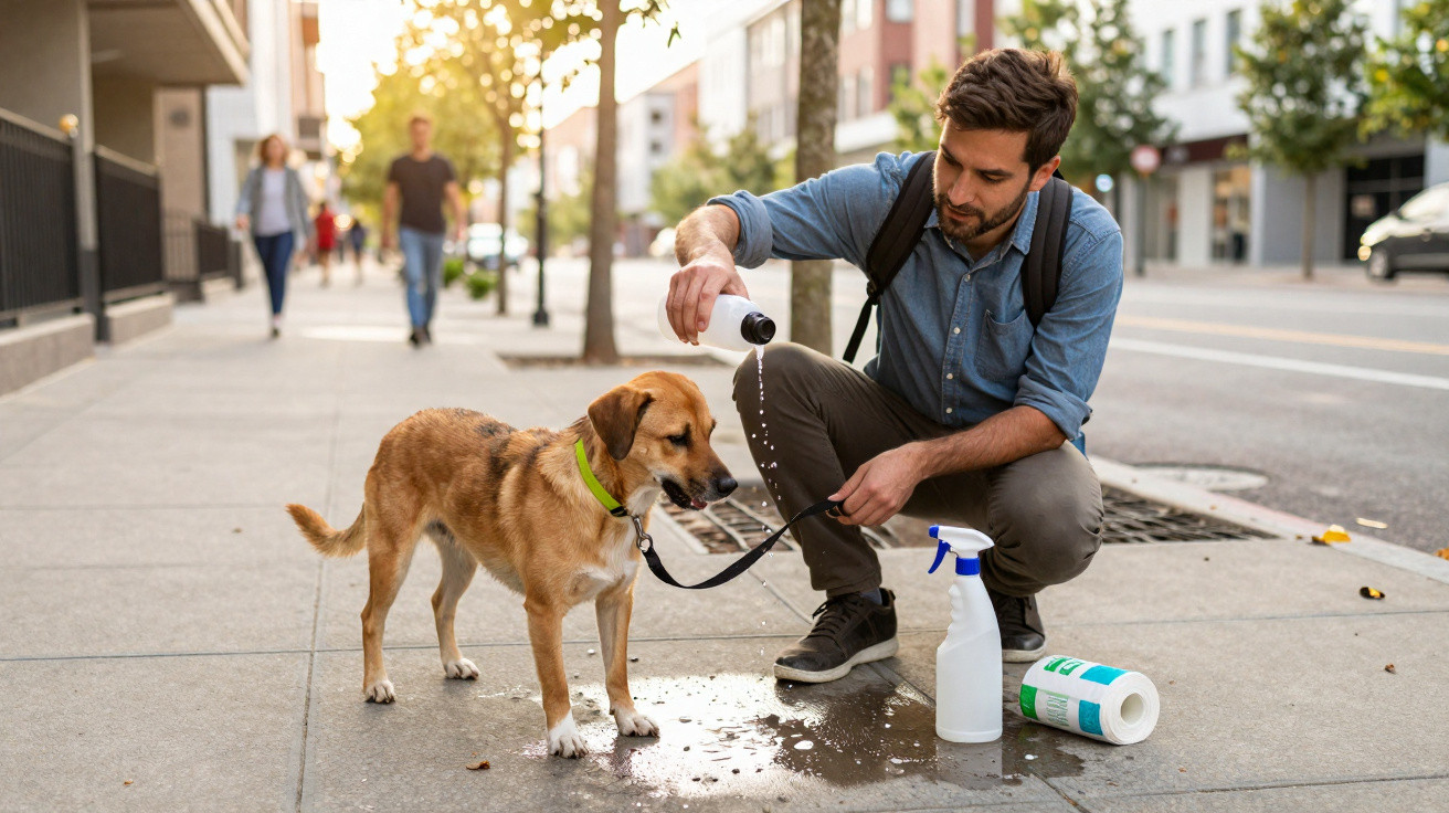 Mann gießt Wasser über Pfote seines Hundes auf Bürgersteig in einer Stadt bei Tageslicht.