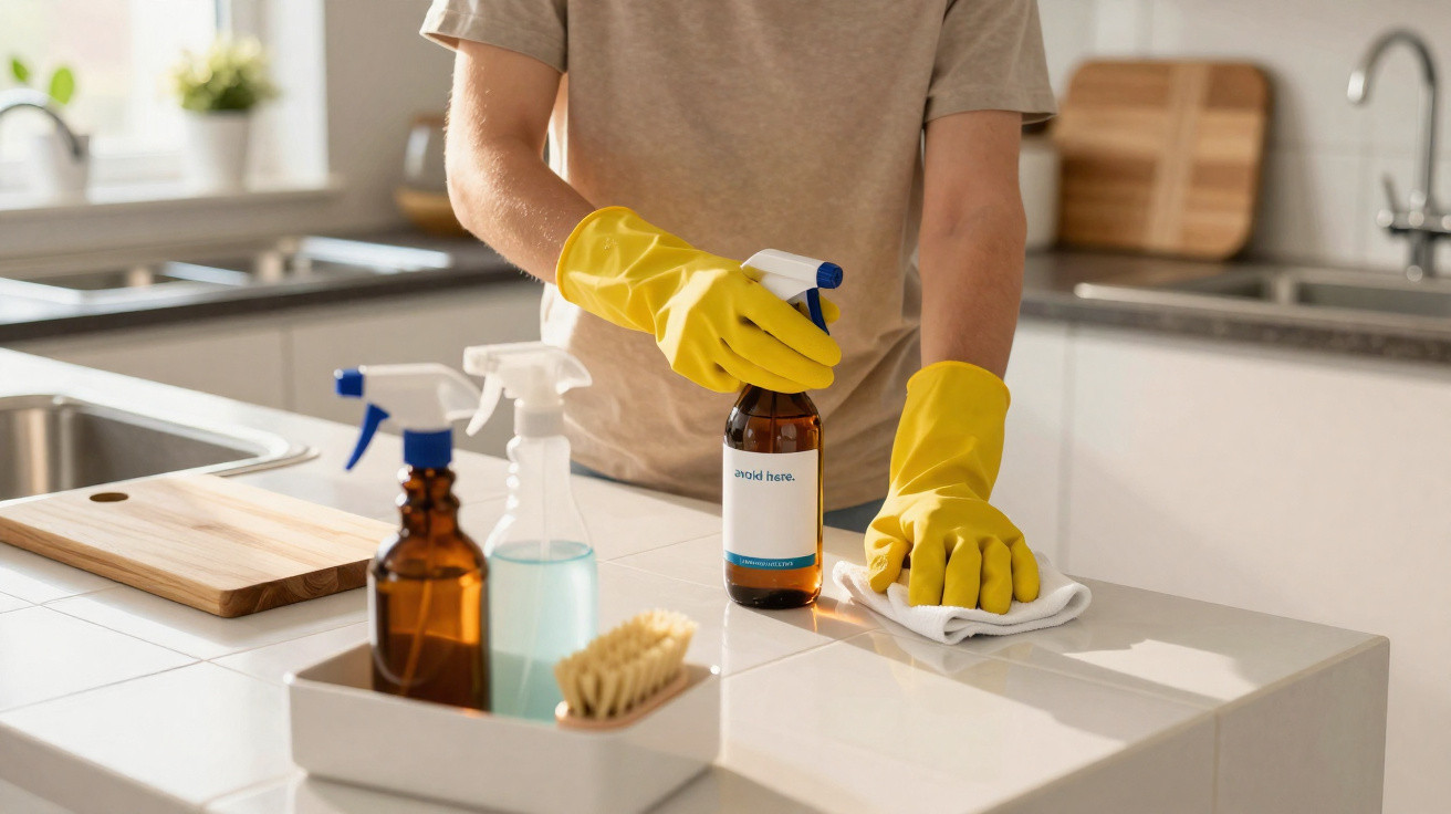 Person mit gelben Handschuhen reinigt Küchenarbeitsplatte mit Sprayflasche und Tuch.