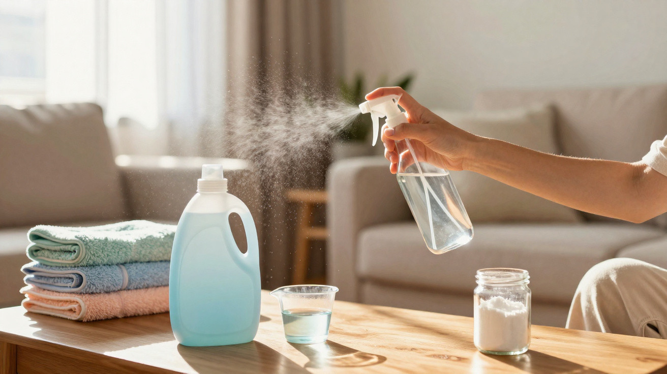 Hand sprüht Reinigungsmittel aus Sprühflasche neben Waschmittelflasche, gefalteten Handtüchern und Glas auf Tisch