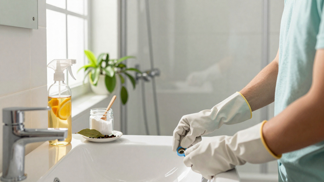 Person mit Gummihandschuhen reinigt Wasserhahn im hellen Badezimmerfenster mit Zitronenreiniger.