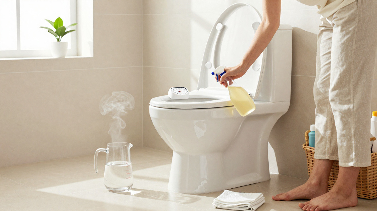 Frau reinigt WC mit Sprayflasche in hellem Badezimmer, dampfendes Wasserkaraffe auf Boden neben Toilette.