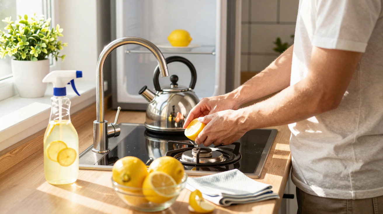 Person presst Zitrone in moderner Küche mit Wasserkessel und Zitronen auf der Arbeitsplatte aus.