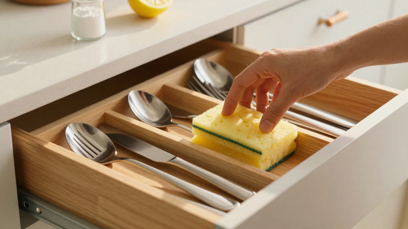 Hand legt Schwamm in Besteckschublade mit Löffeln und Messern in moderner Küche