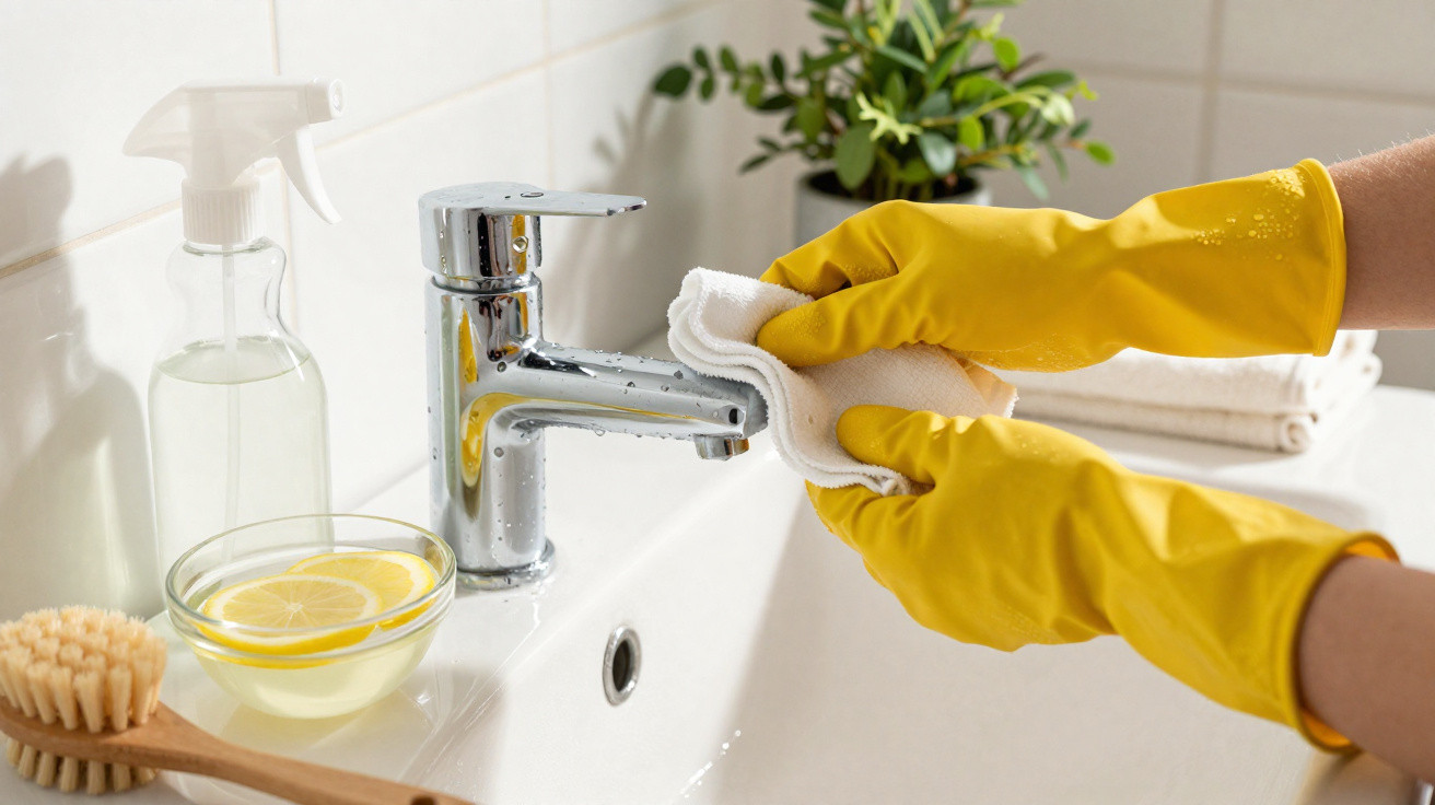 Person mit gelben Handschuhen reinigt Wasserhahn im Badezimmer mit weißem Tuch und Zitrone in Schale