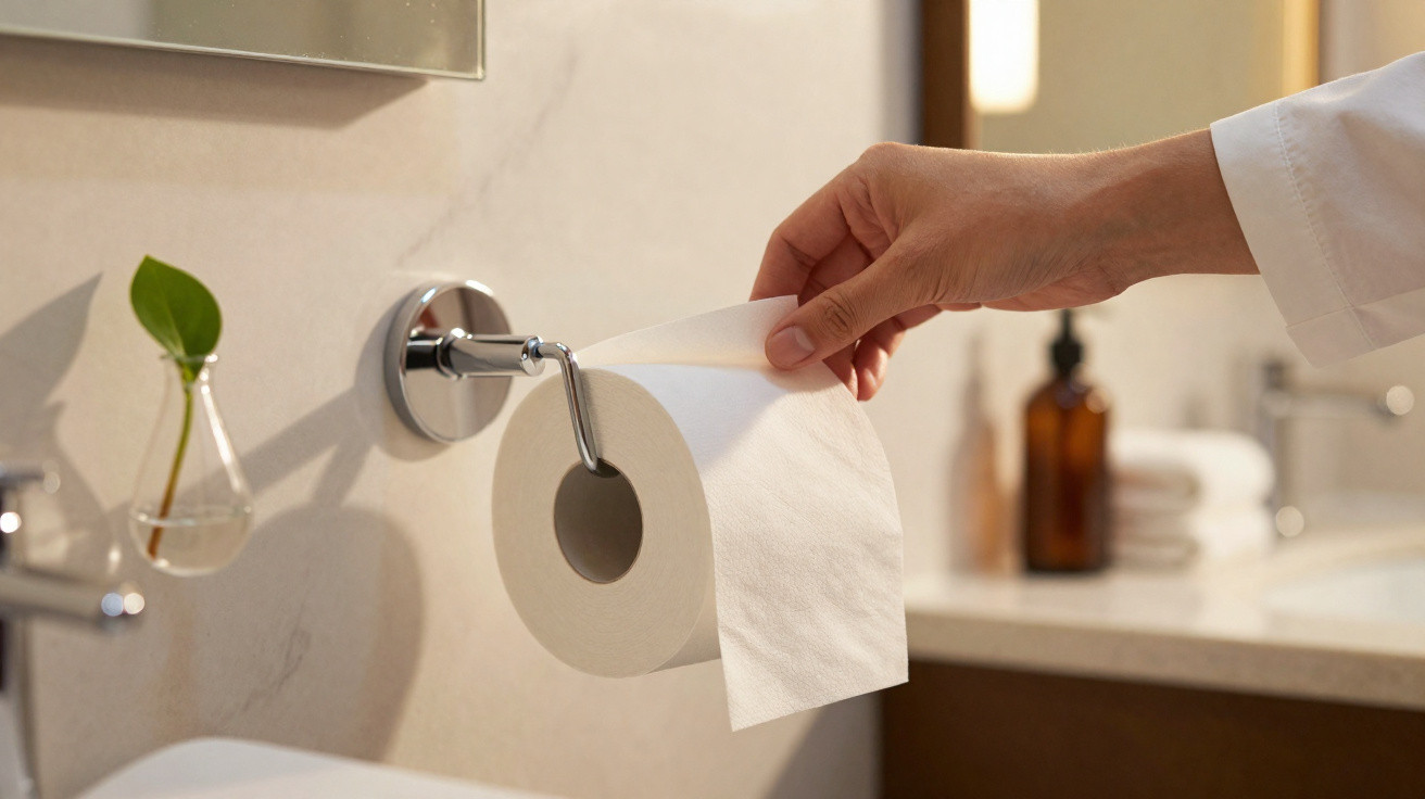 Hand zieht Toilettenpapier von der Rolle im modernen Badezimmer mit dekorativer Pflanze.