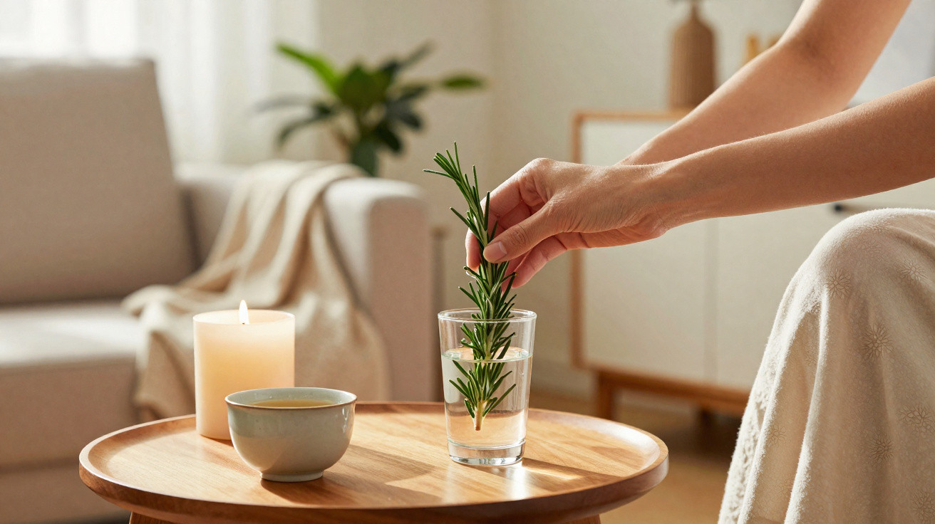 Hand legt Rosmarinzweig in Wasserglas auf rundem Holztisch mit Kerze und Tasse vor Sofa.