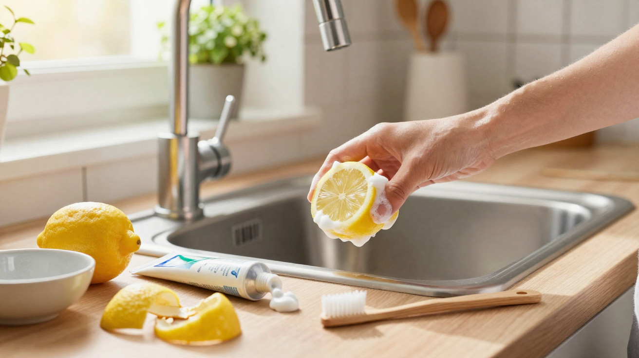 Hand hält halbierte Zitrone mit Zahnpasta am Spültisch, Zahnbürste, ganze und geschnittene Zitronen auf Arbeitsplatte.