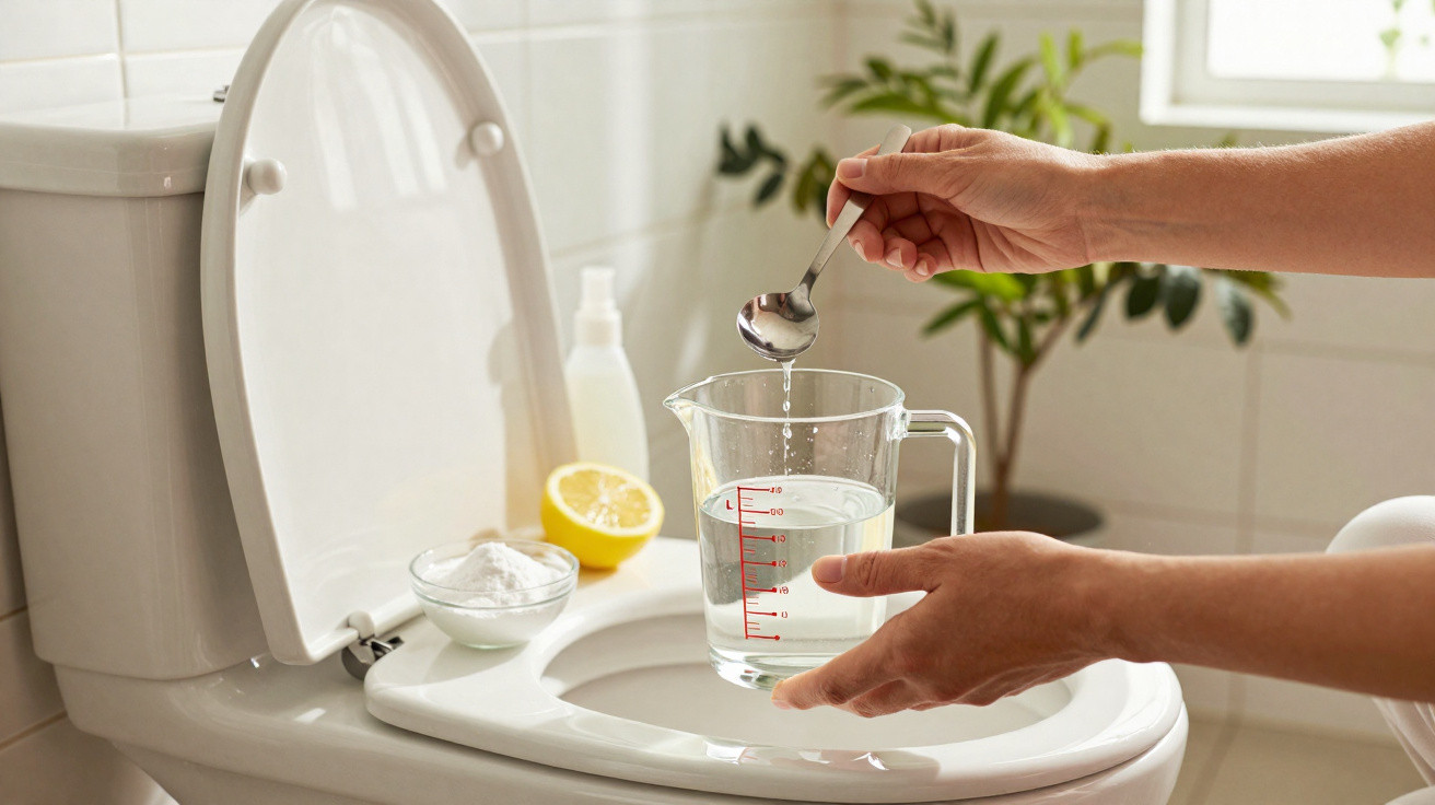Person gibt Esslöffel Backpulver in Messbecher mit Wasser über geöffnetem Toilettensitz in hellem Badezimmer.