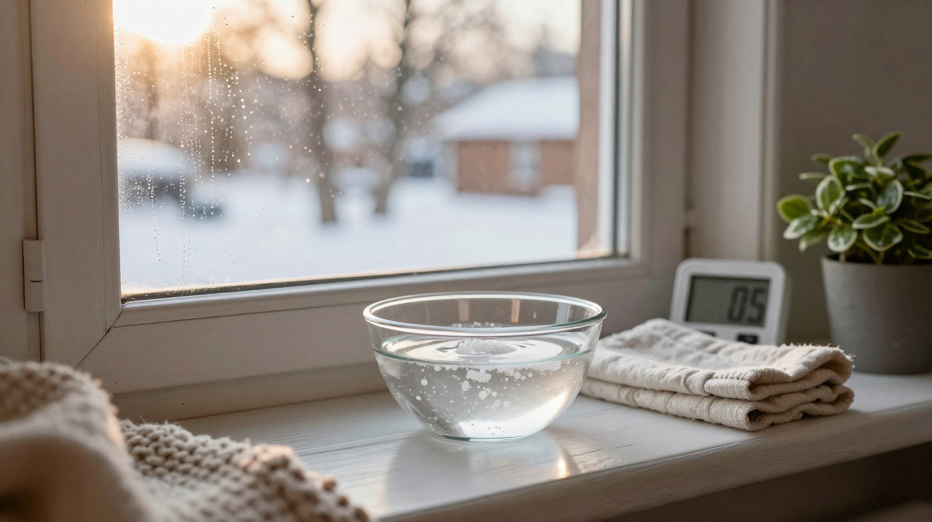 Schale mit Wasser auf Fensterbrett bei kaltem Wetter, Thermometer zeigt 5 Grad, gefaltete Tücher und Pflanze daneben.