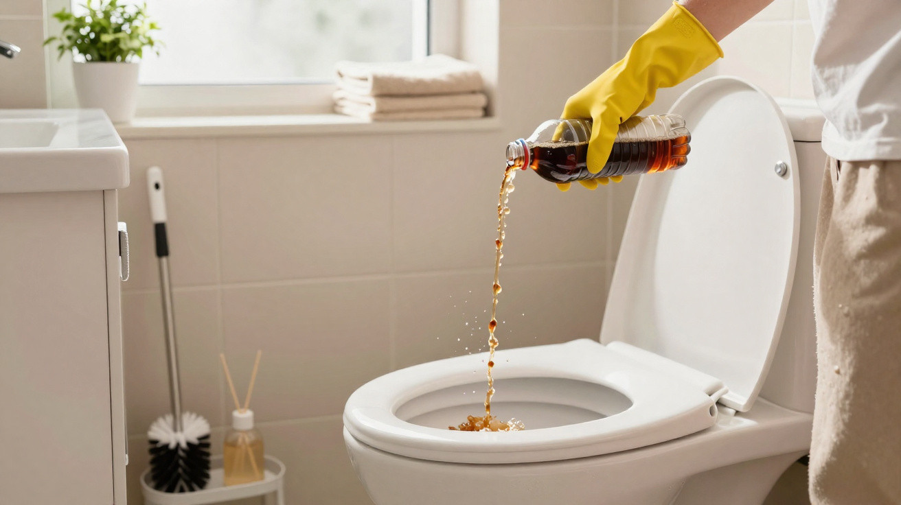 Person mit gelben Handschuhen schüttet Reinigungsmittel in eine weiße Toilette im Badezimmer.