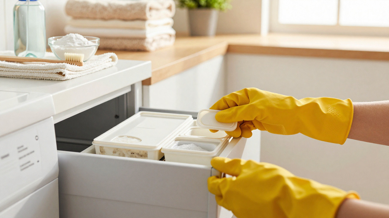 Person mit gelben Handschuhen füllt Waschmittel in eine Waschmaschine in einem hellen Waschraum.