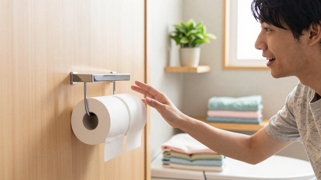 Mann greift nach zwei Toilettenpapierrollen an einer Halterung in einem hellen Badezimmer mit Handtüchern und Pflanze.