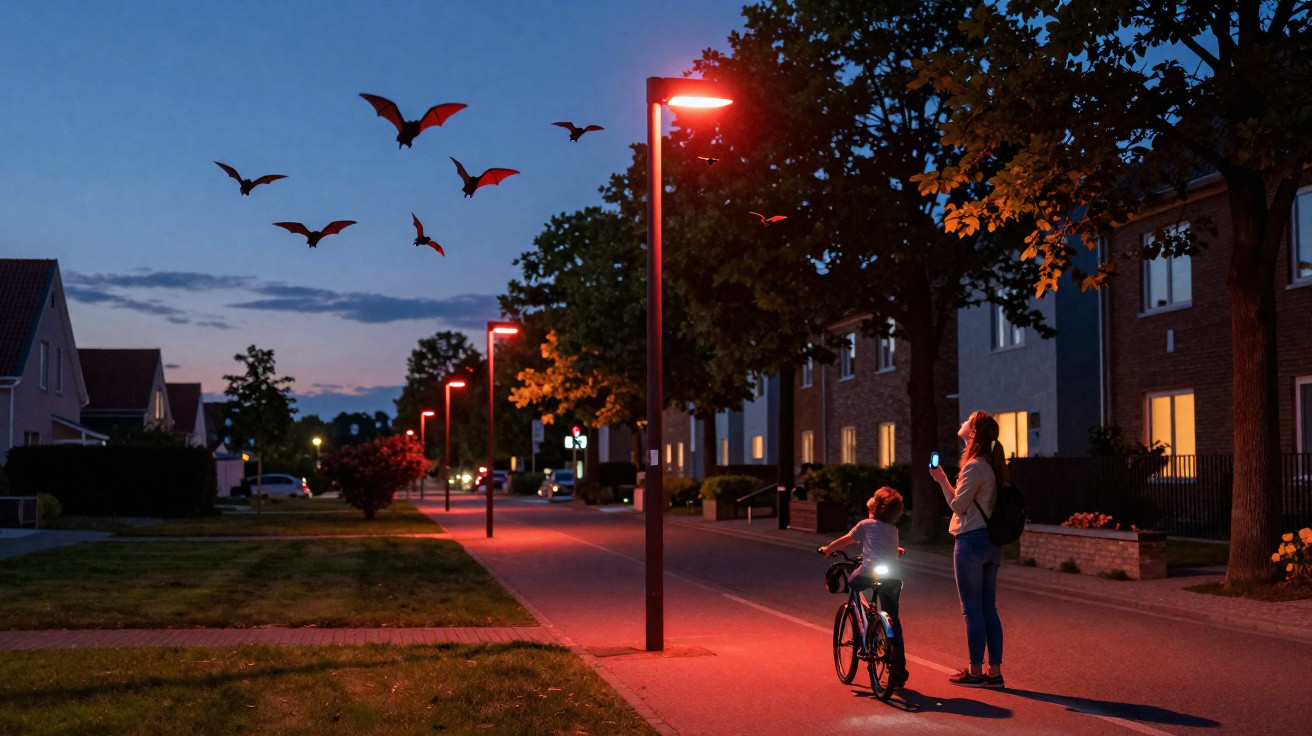 Abendliche Straße mit Laternen, fliegenden Fledermäusen, Frau und Kind auf Fahrrad mit Licht.