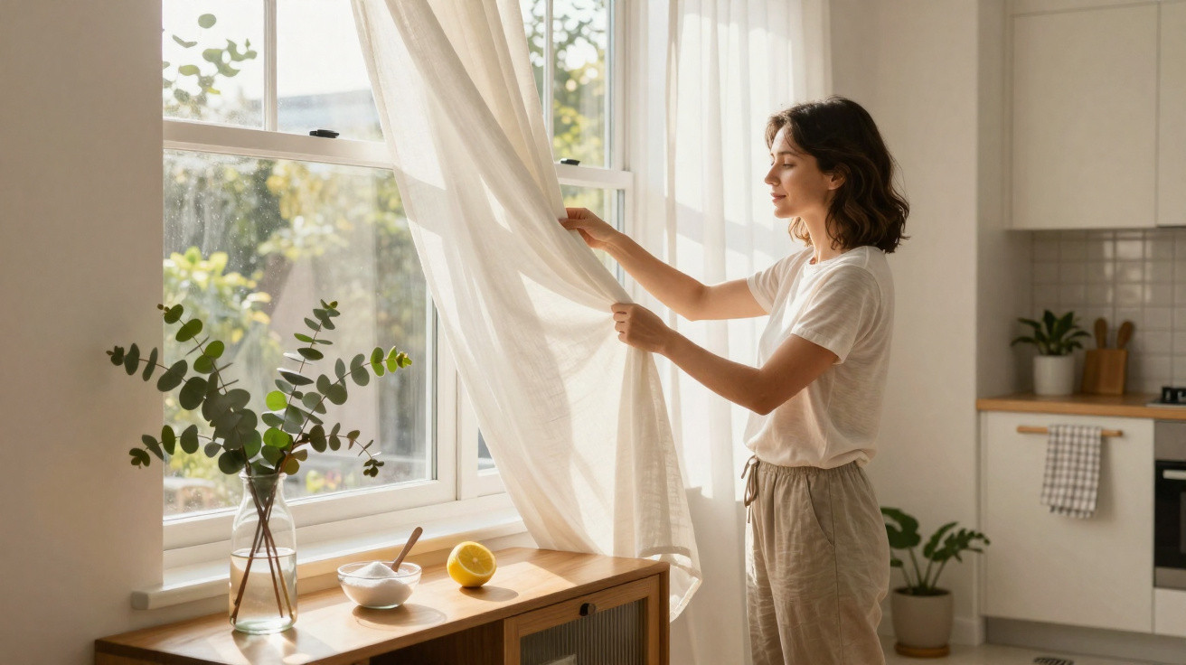 Frau öffnet lichtdurchlässigen Vorhang an hellem Küchenfenster, Sonnenlicht strömt herein.