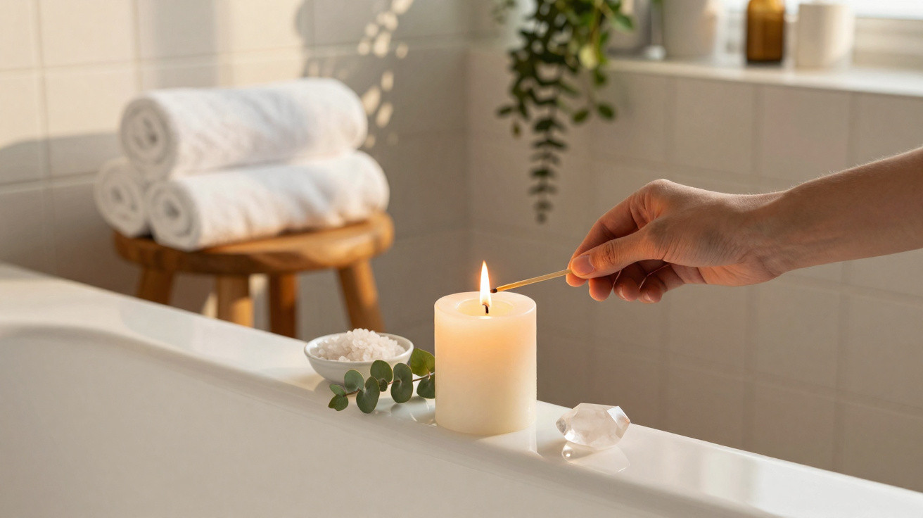 Hand zündet Kerze an Badewanne mit Handtüchern, Badesalz und Kristallstein an