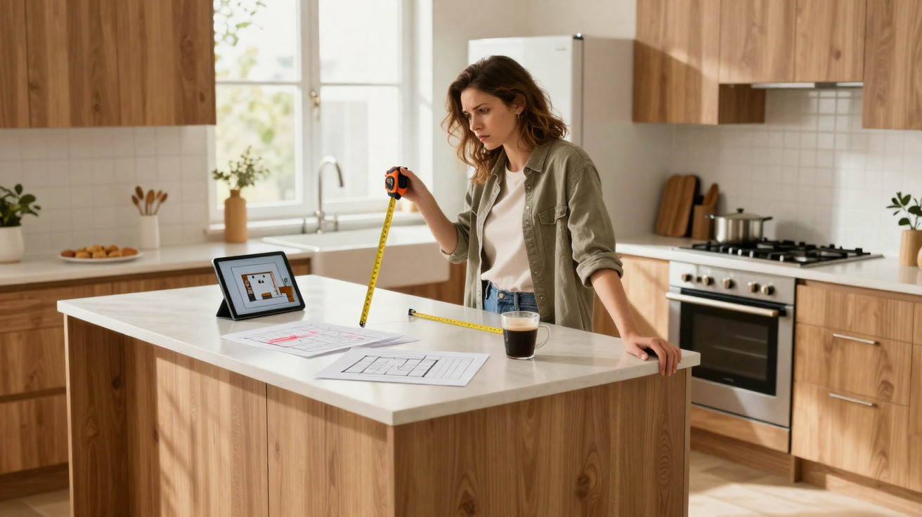 Frau misst mit Metallmaßband Kücheninsel, Pläne und Tablet mit Raumplan auf der Arbeitsfläche vor ihr.