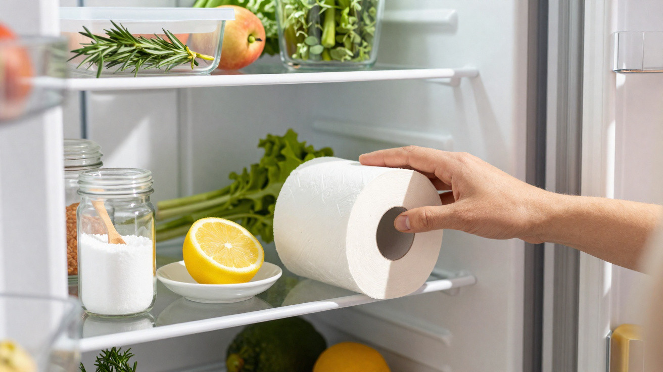 Hand legt eine Toilettenpapierrolle in einen Kühlschrank mit Obst, Gemüse und Gewürzen.