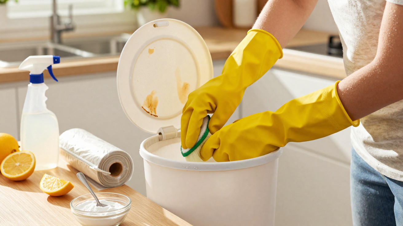 Person mit gelben Handschuhen reinigt Mülltonne in moderner Küche mit Zitrone und Reinigungsspray auf Arbeitsplatte.