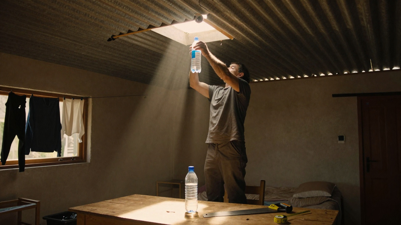Mann steht im dunklen Raum und hält Wasserflasche ins Licht, das durch ein Dachfenster fällt.