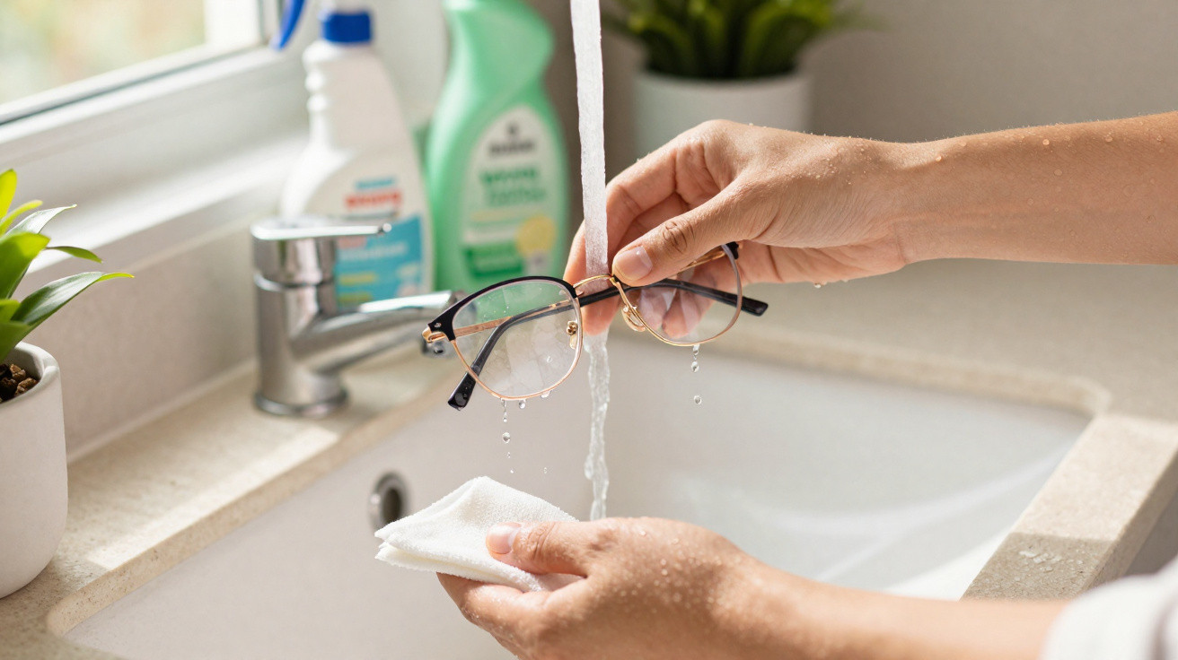 Person reinigt eine Brille unter fließendem Wasser an einem Waschbecken mit Reinigungstuch.