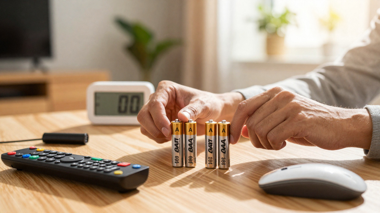 Person legt AA-Batterien auf Holztisch neben Fernbedienung, Computermaus und digitaler Uhr an.