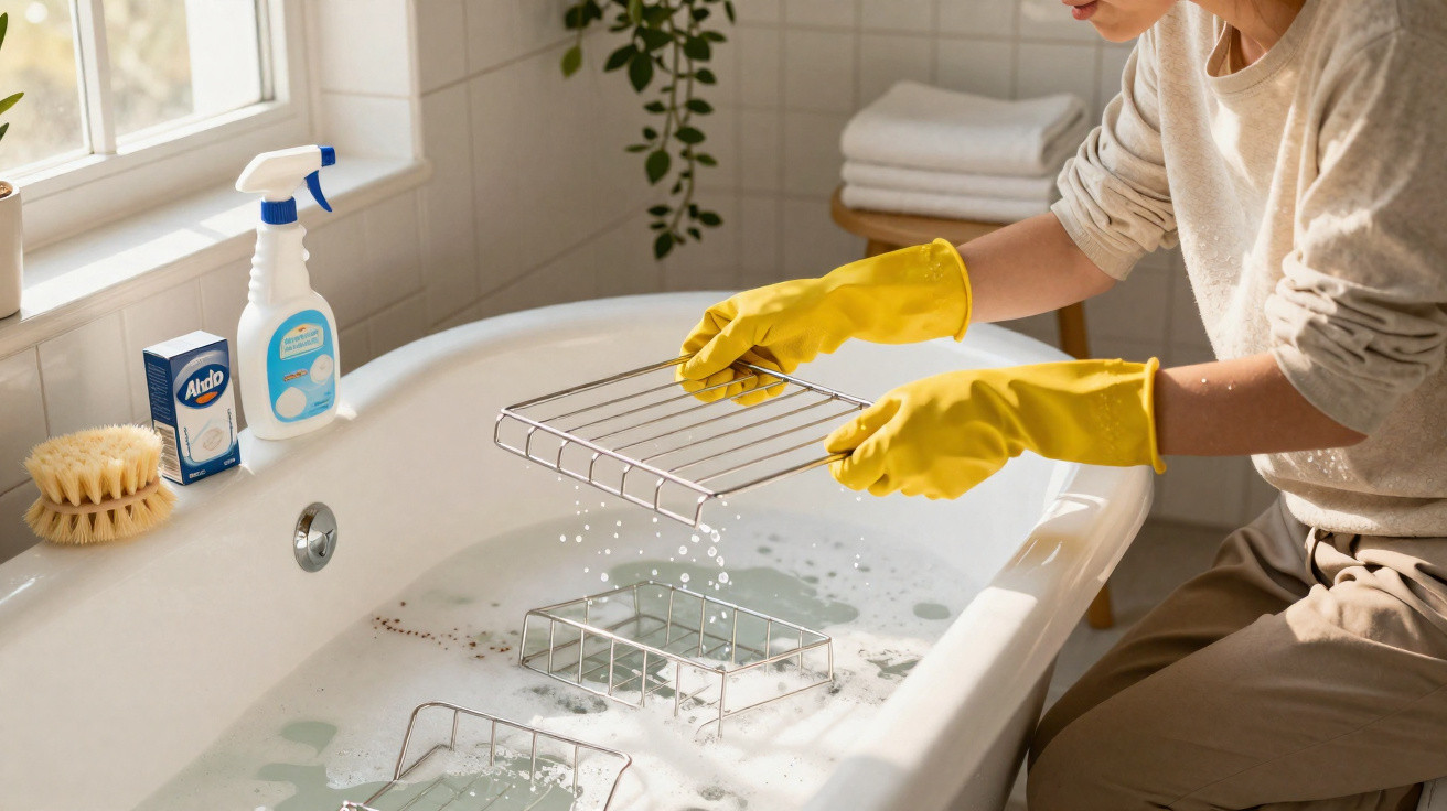 Frau mit gelben Handschuhen reinigt Badewannenablage über mit Schaum gefüllter Badewanne in hellem Badezimmer.