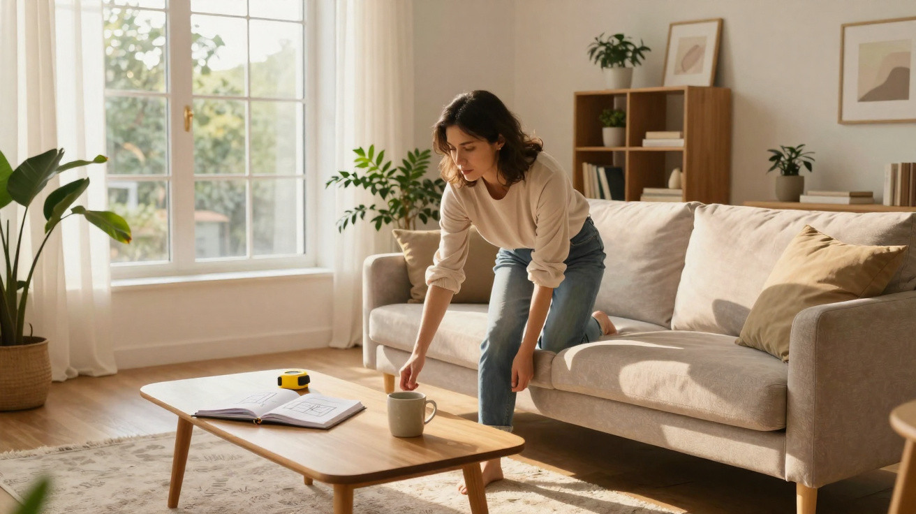 Frau stellt Tasse auf Couchtisch in hellem Wohnzimmer mit Sofa, Pflanzen und Bücherregal.