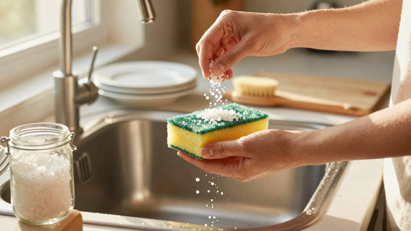 Hand streut Natron auf einen Küchenschwamm über der Spüle in einer Wohnküche.