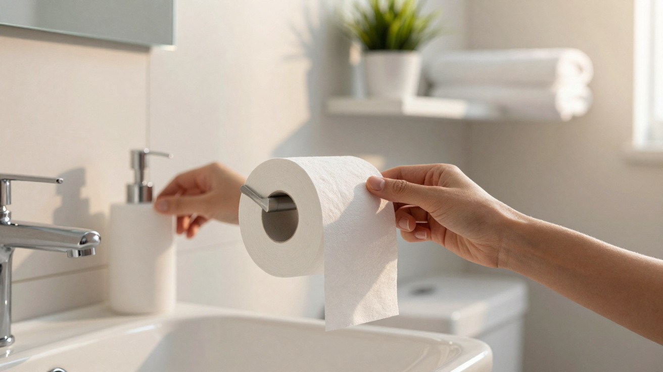 Hand hält Toilettenpapierrolle in modernem, hellem Badezimmer mit Waschbecken und Handseifenspender.