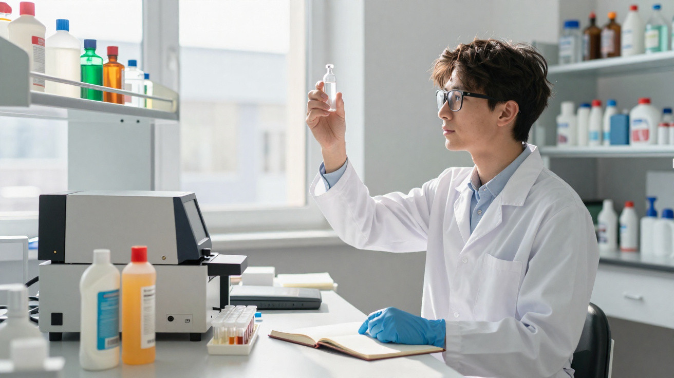 Junger Wissenschaftler im weißen Kittel untersucht im Labor eine Flüssigkeit in einem kleinen Behälter.
