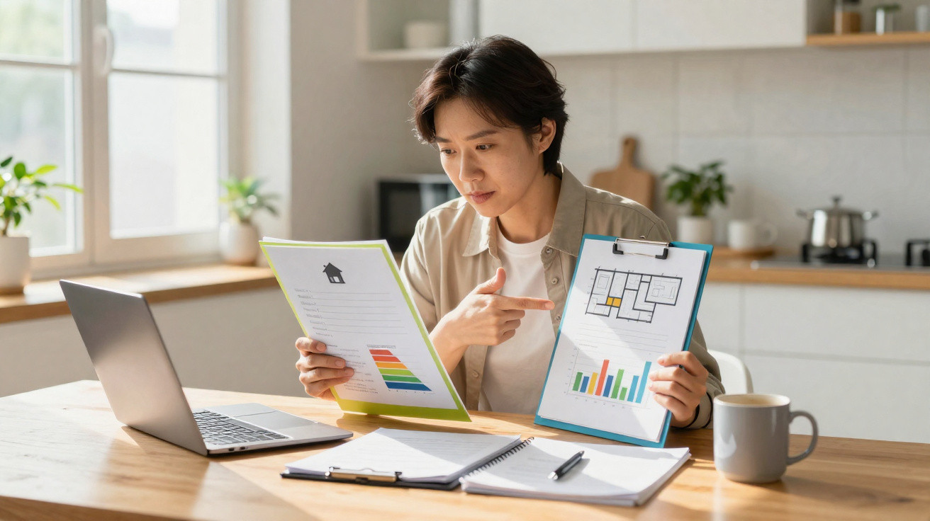 Frau arbeitet zuhause, zeigt Diagramme und Pläne auf Klemmbrettern, Laptop und Notizbuch auf Tisch in Küche.