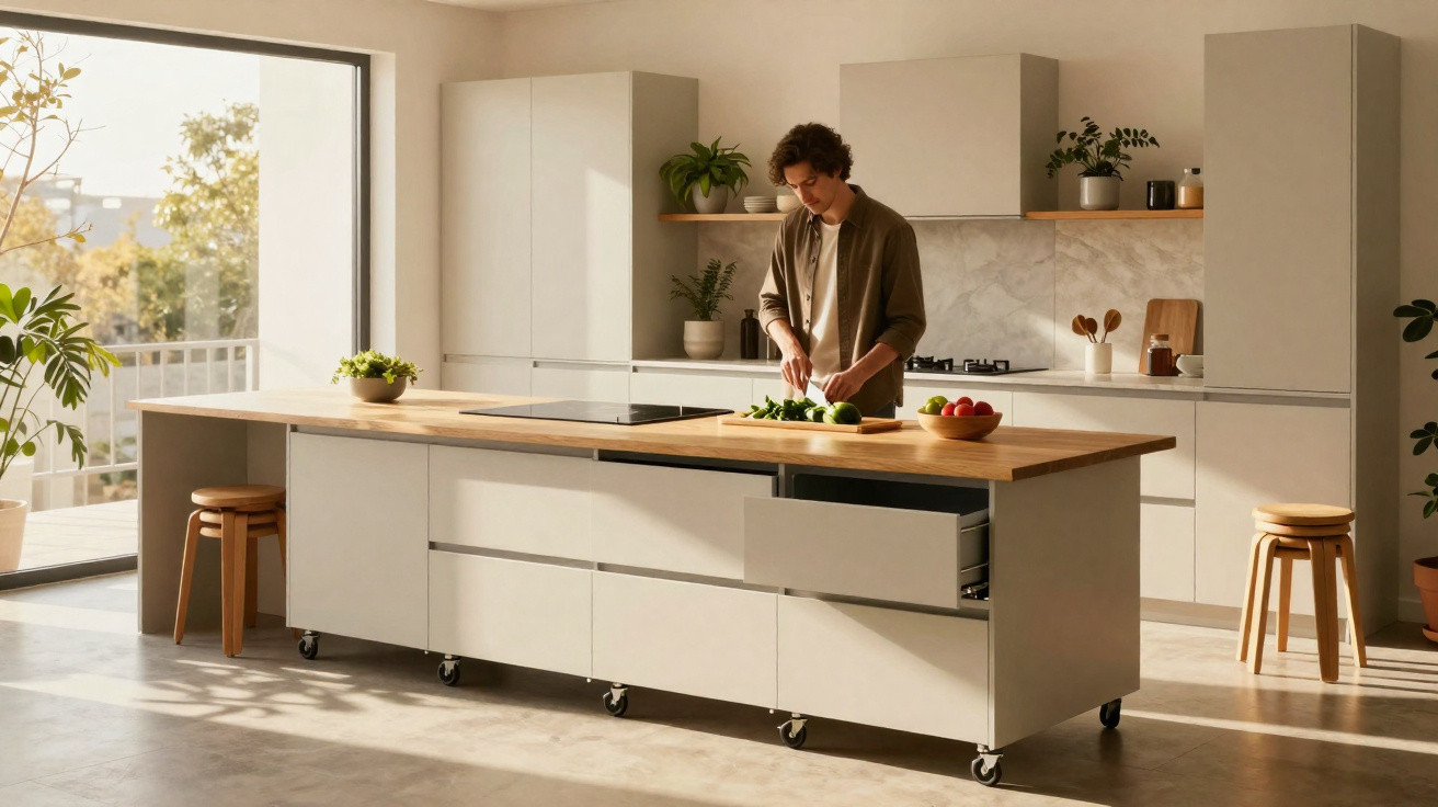 Moderner Küchenraum mit Kücheninsel und Person, die Gemüse auf einem Holzbrett schneidet.