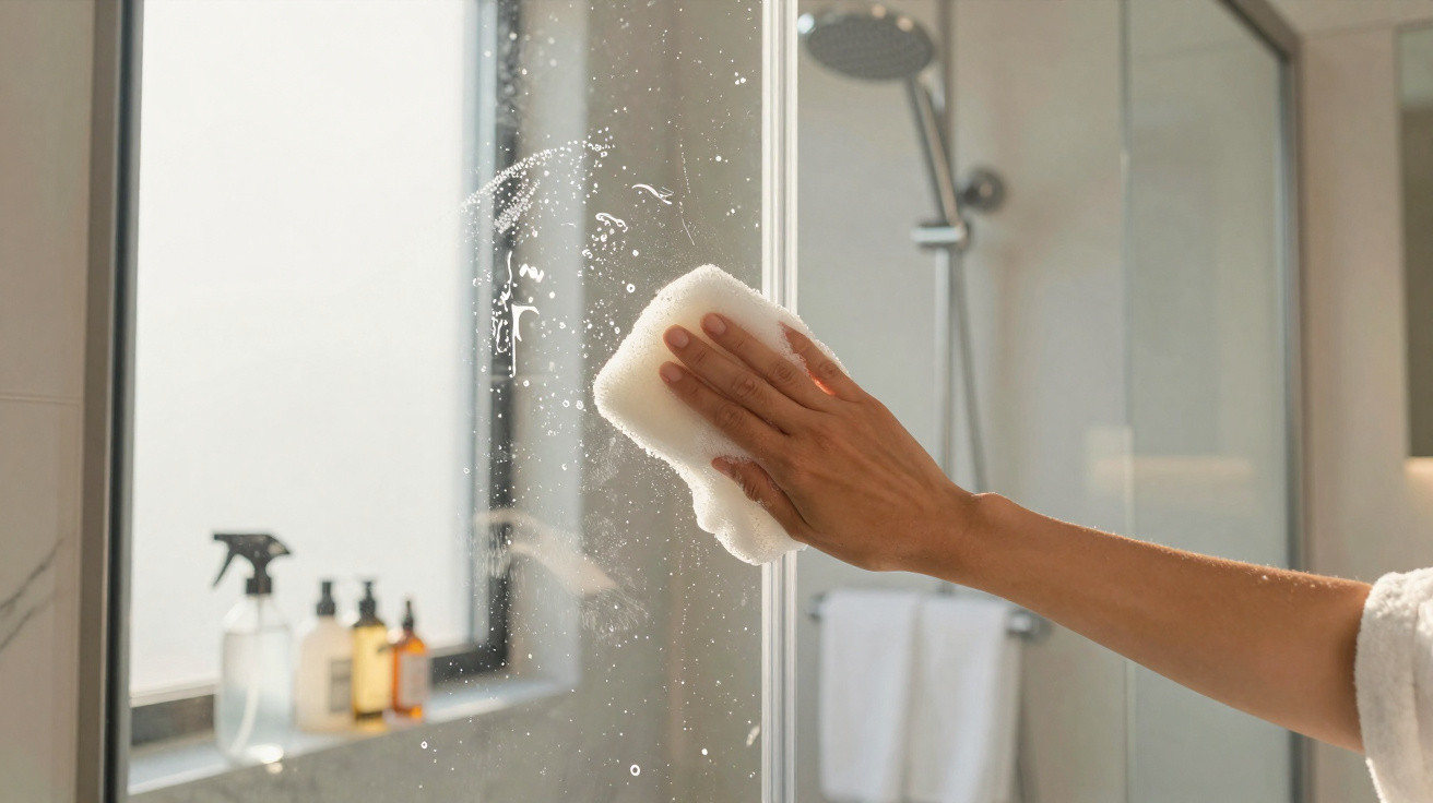 Hand reinigt mit Schwamm eine beschlagene Glasduschtür in hellem Badezimmer.
