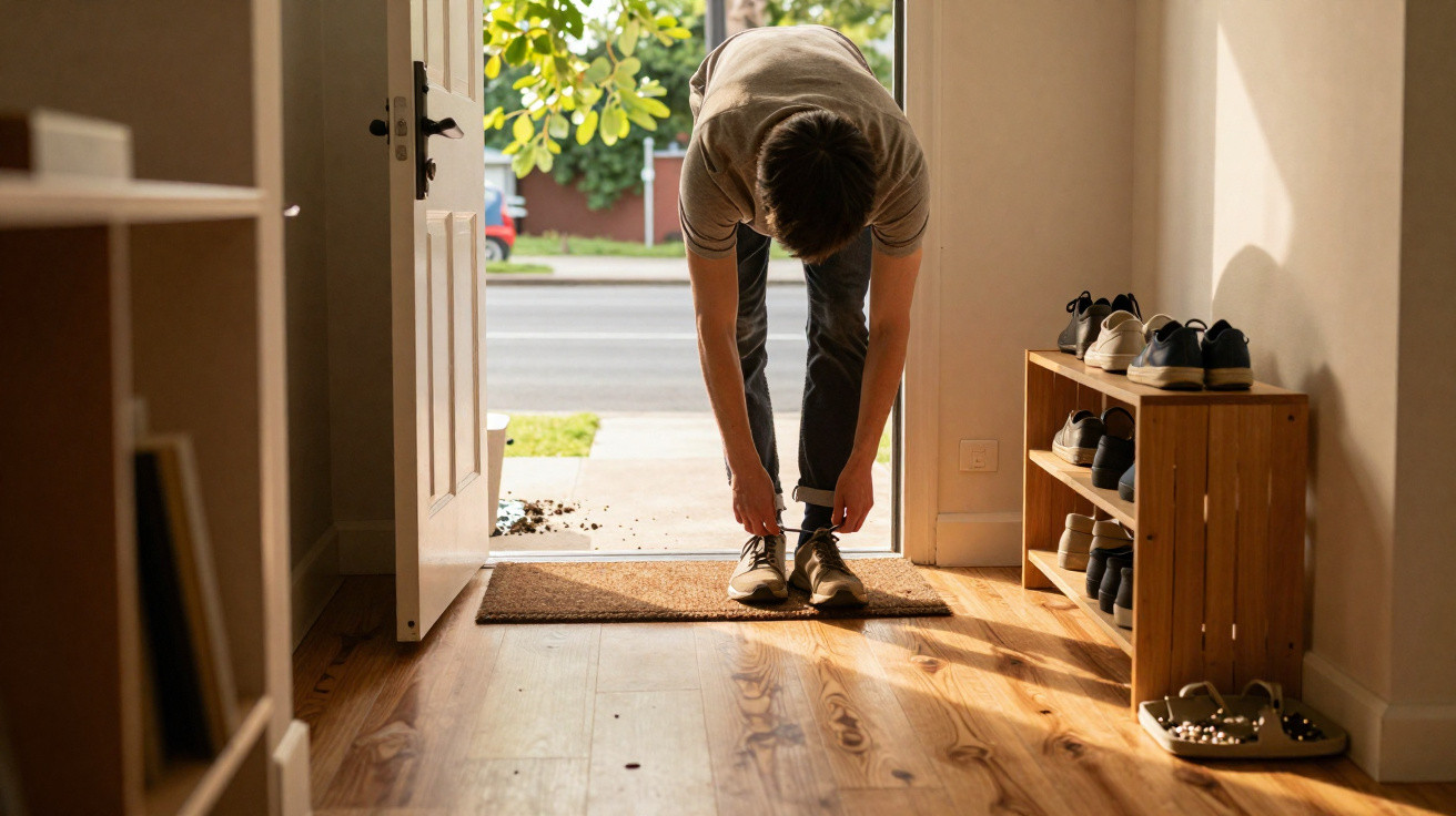 Junger Mann im Eingangsbereich bindet sich die Schuhe, neben ihm ein Regal mit mehreren Paar Schuhen.