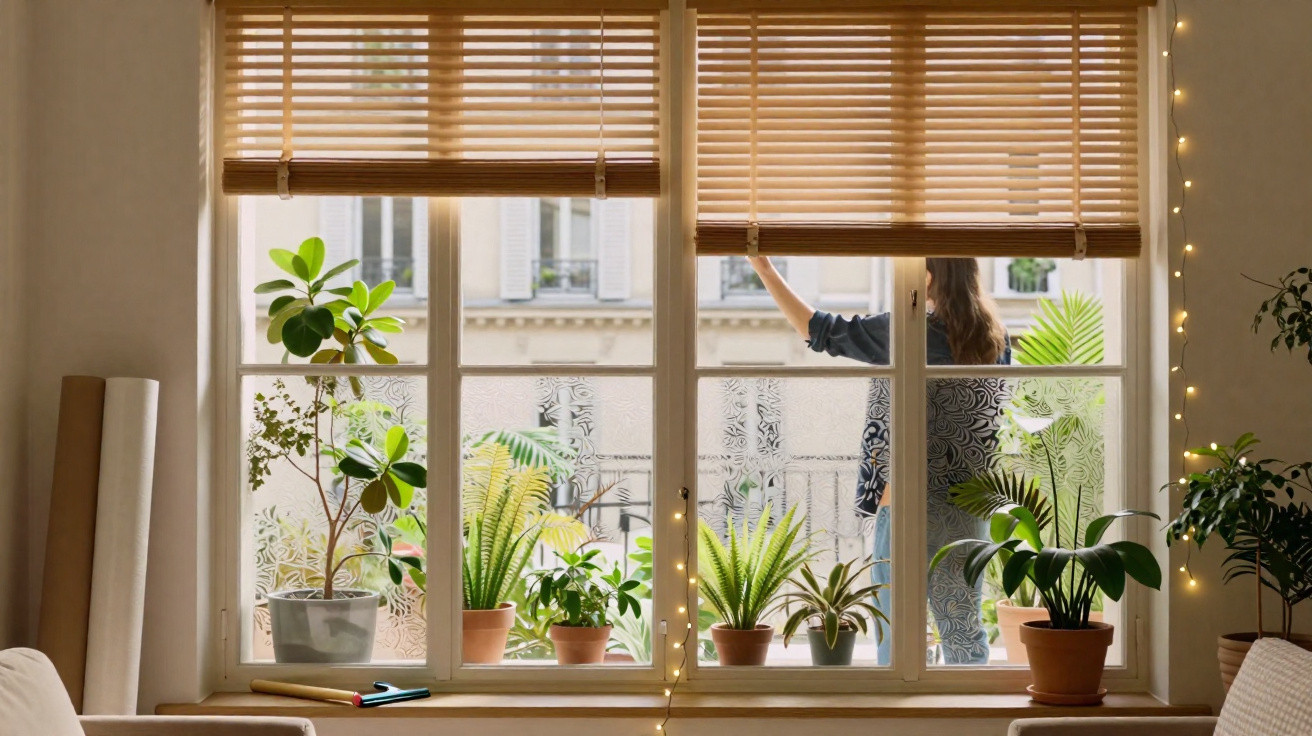 Blick durch das Fenster mit Pflanzen auf den Balkon, Frau zieht die Jalousie hoch, warme Beleuchtung.