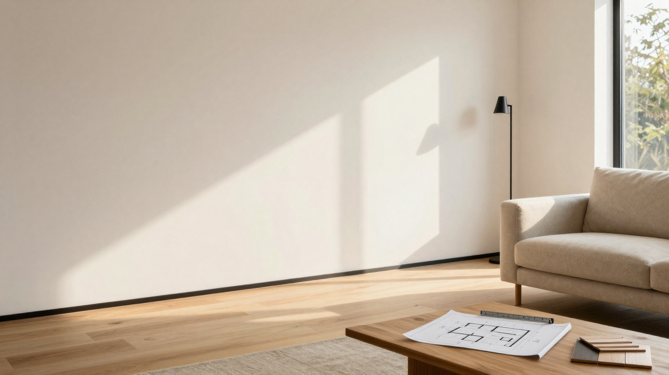 Heller, minimalistisch eingerichteter Raum mit Sofa, Stehlampe und einem Tisch mit Bauplänen.